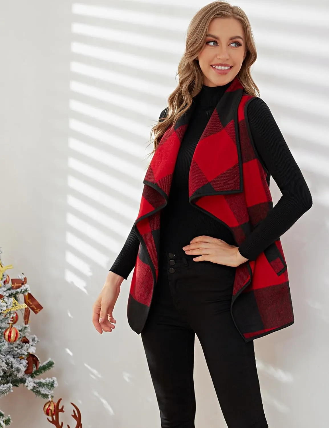 YACUN Women Plaid Vest Lapel Open Front Sleeveless Jacket Outerwear Cardigan with Pockets