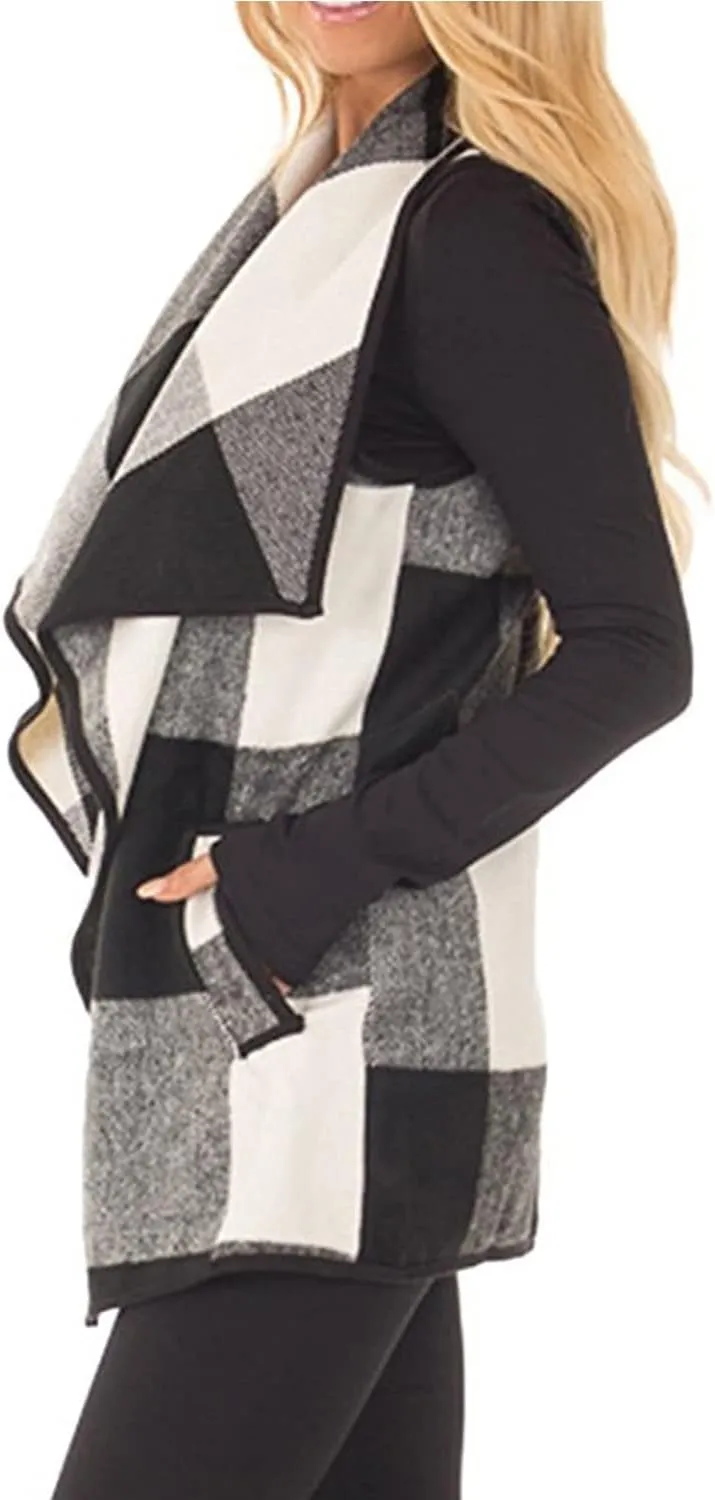 YACUN Women Plaid Vest Lapel Open Front Sleeveless Jacket Outerwear Cardigan with Pockets