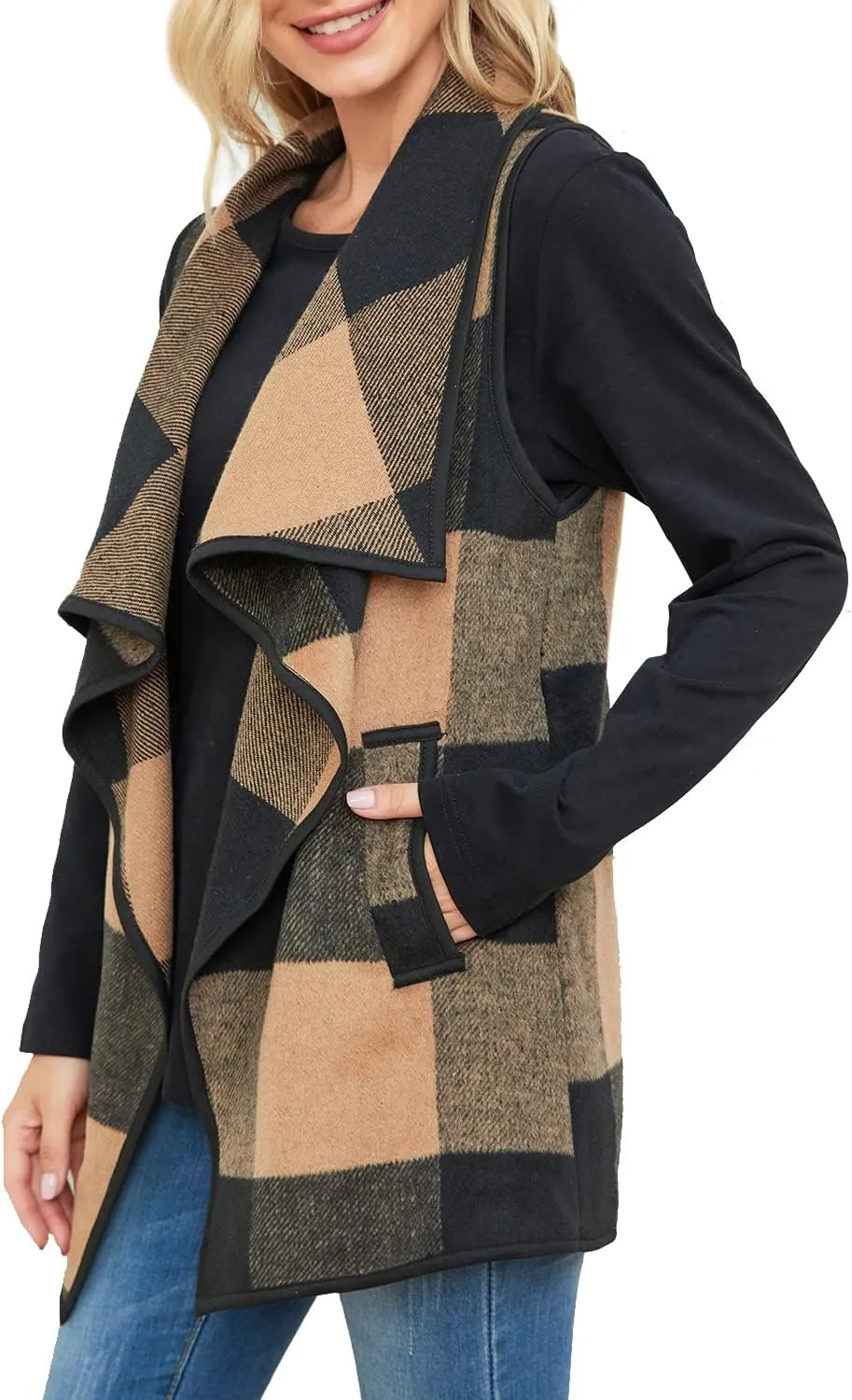 YACUN Women Plaid Vest Lapel Open Front Sleeveless Jacket Outerwear Cardigan with Pockets
