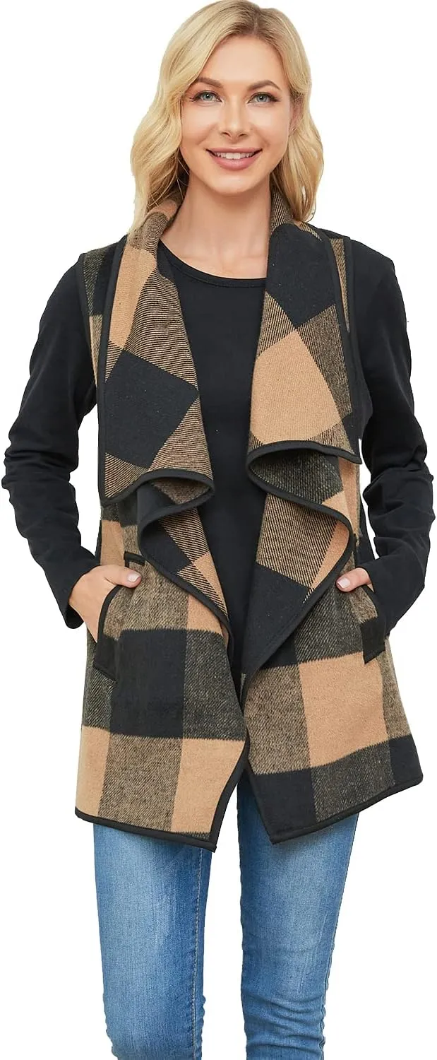 YACUN Women Plaid Vest Lapel Open Front Sleeveless Jacket Outerwear Cardigan with Pockets