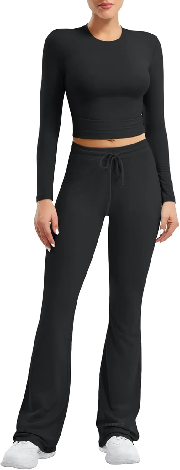 YEOREO Two Piece Sets for Women Long Sleeve Tops Lounge Set Drawstring Wide Leg Pants Ava Matching
