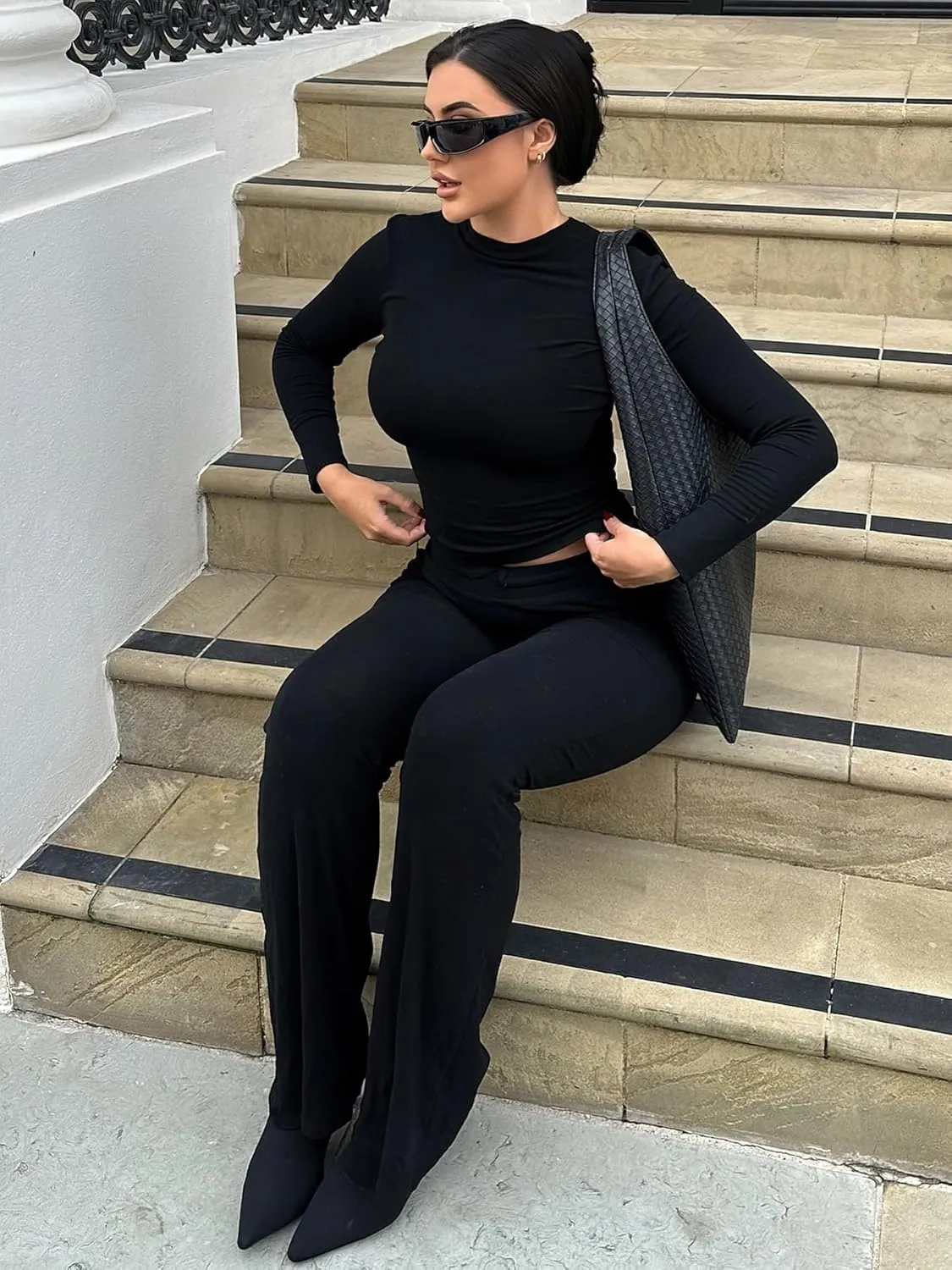 YEOREO Two Piece Sets for Women Long Sleeve Tops Lounge Set Drawstring Wide Leg Pants Ava Matching