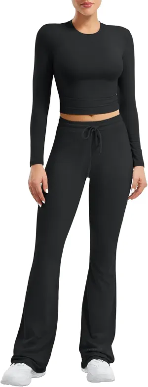 YEOREO Two Piece Sets for Women Long Sleeve Tops Lounge Set Drawstring Wide Leg Pants Ava Matching