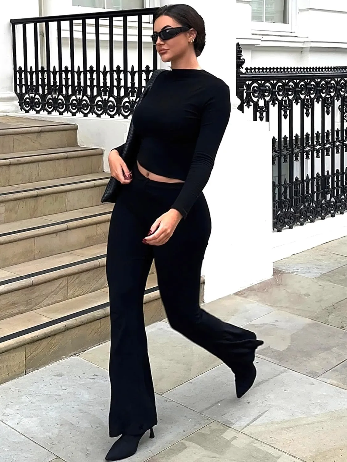 YEOREO Two Piece Sets for Women Long Sleeve Tops Lounge Set Drawstring Wide Leg Pants Ava Matching