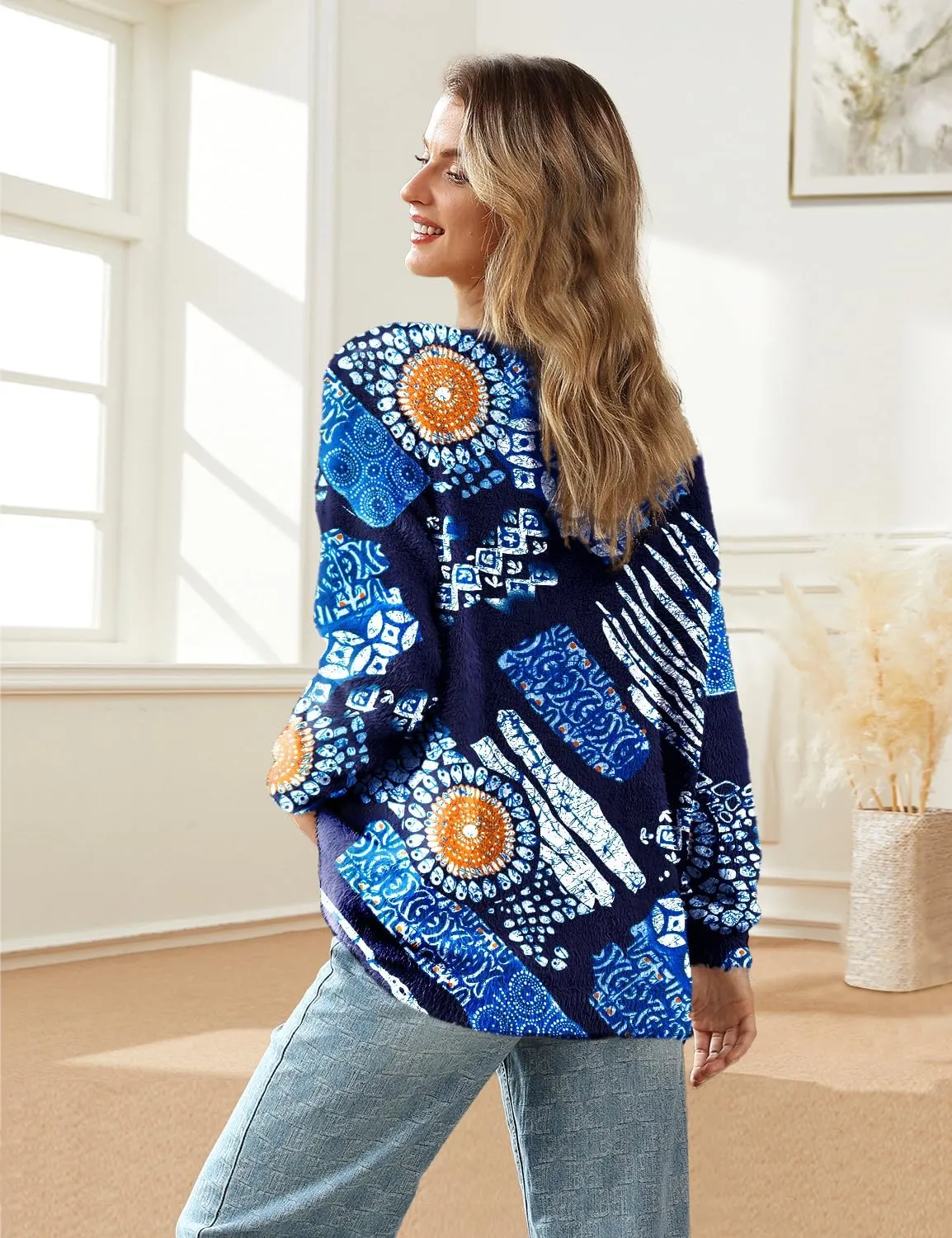 YESNO Women's Fall V-Neck Cardigan Sweaters Casual Graphic Oversized Open Front Button Down Long Sleeves Knit Tops SCV