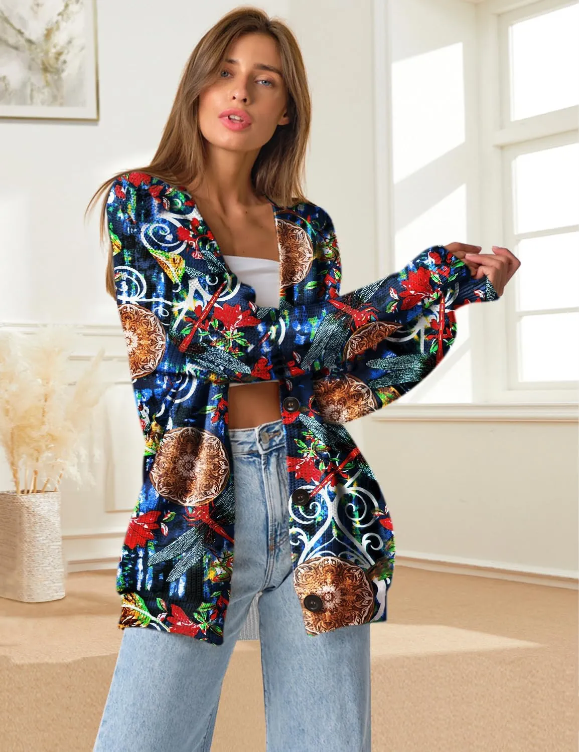YESNO Women's Fall V-Neck Cardigan Sweaters Casual Graphic Oversized Open Front Button Down Long Sleeves Knit Tops SCV