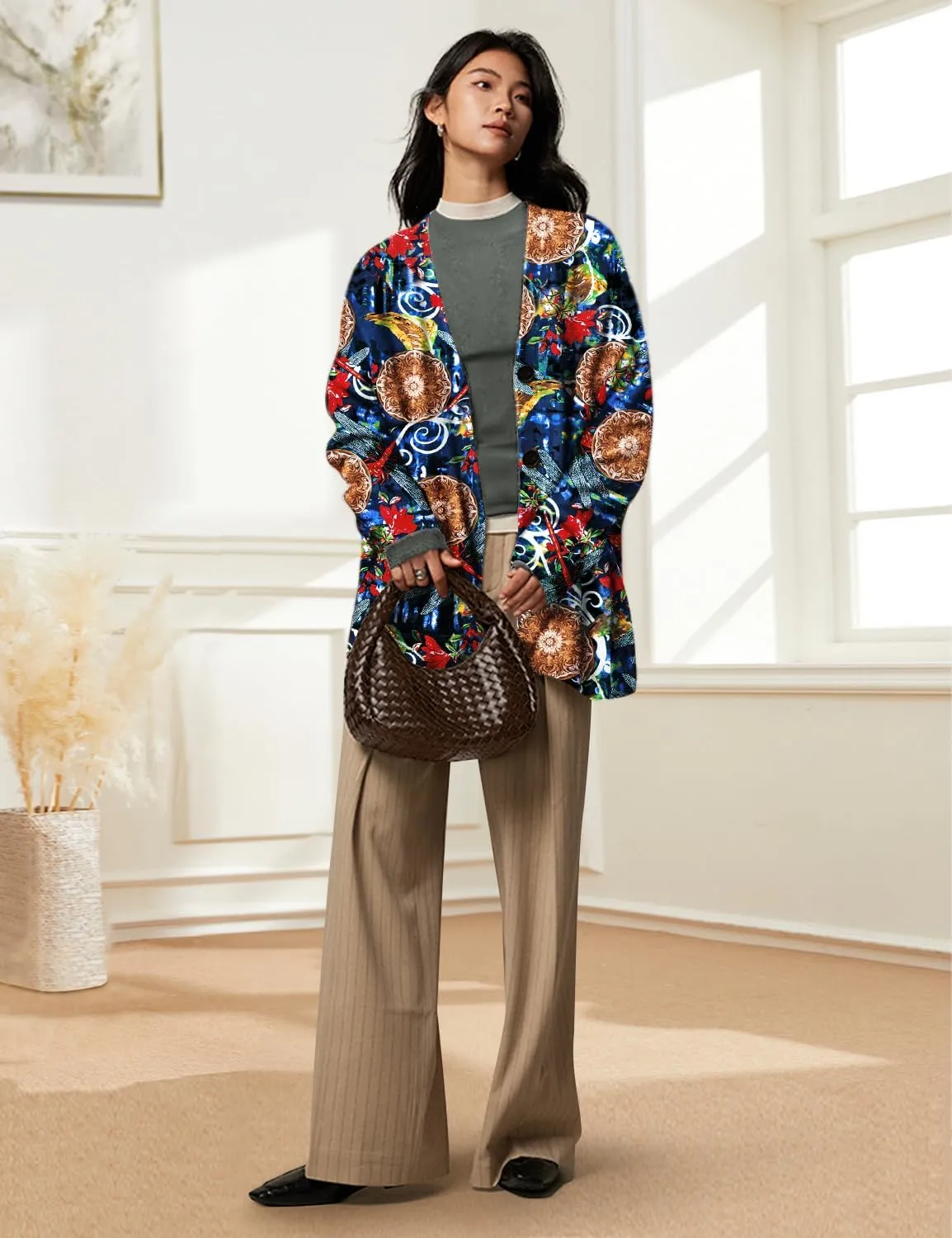 YESNO Women's Fall V-Neck Cardigan Sweaters Casual Graphic Oversized Open Front Button Down Long Sleeves Knit Tops SCV
