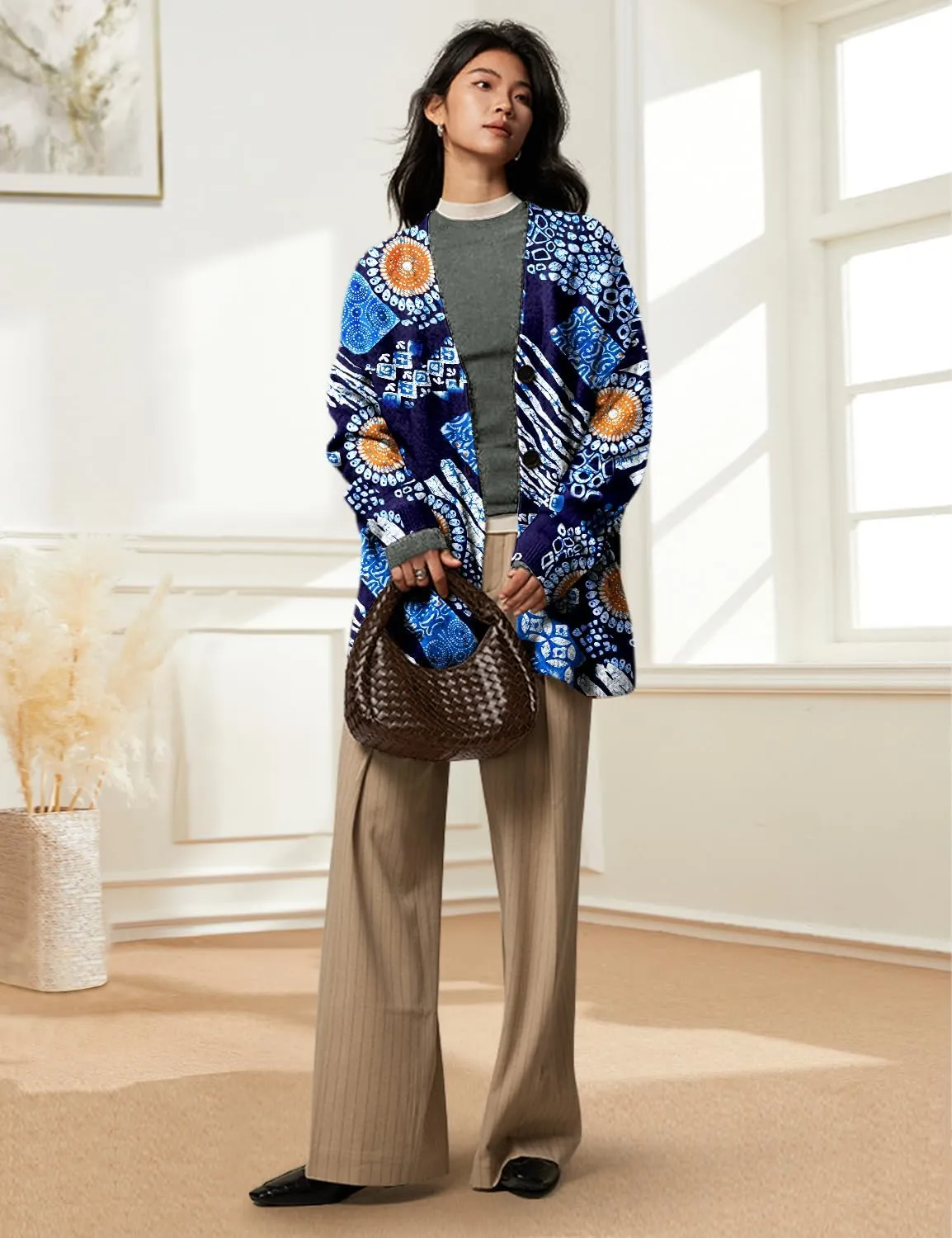 YESNO Women's Fall V-Neck Cardigan Sweaters Casual Graphic Oversized Open Front Button Down Long Sleeves Knit Tops SCV