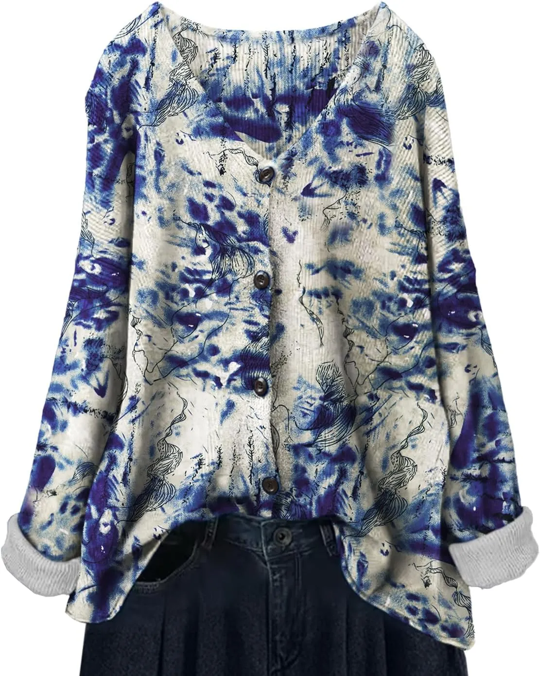 YESNO Women's Fall V-Neck Cardigan Sweaters Casual Graphic Oversized Open Front Button Down Long Sleeves Knit Tops SCV