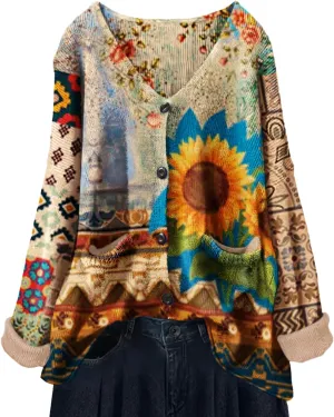 YESNO Women's Fall V-Neck Cardigan Sweaters Casual Graphic Oversized Open Front Button Down Long Sleeves Knit Tops SCV
