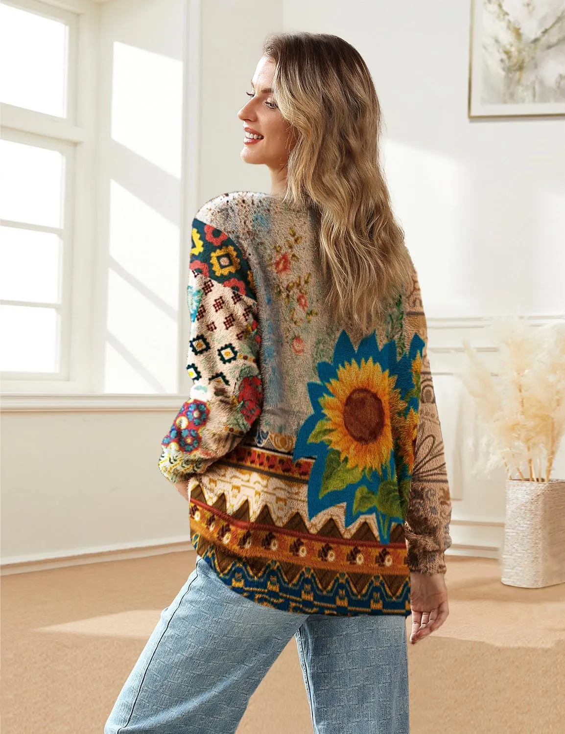 YESNO Women's Fall V-Neck Cardigan Sweaters Casual Graphic Oversized Open Front Button Down Long Sleeves Knit Tops SCV