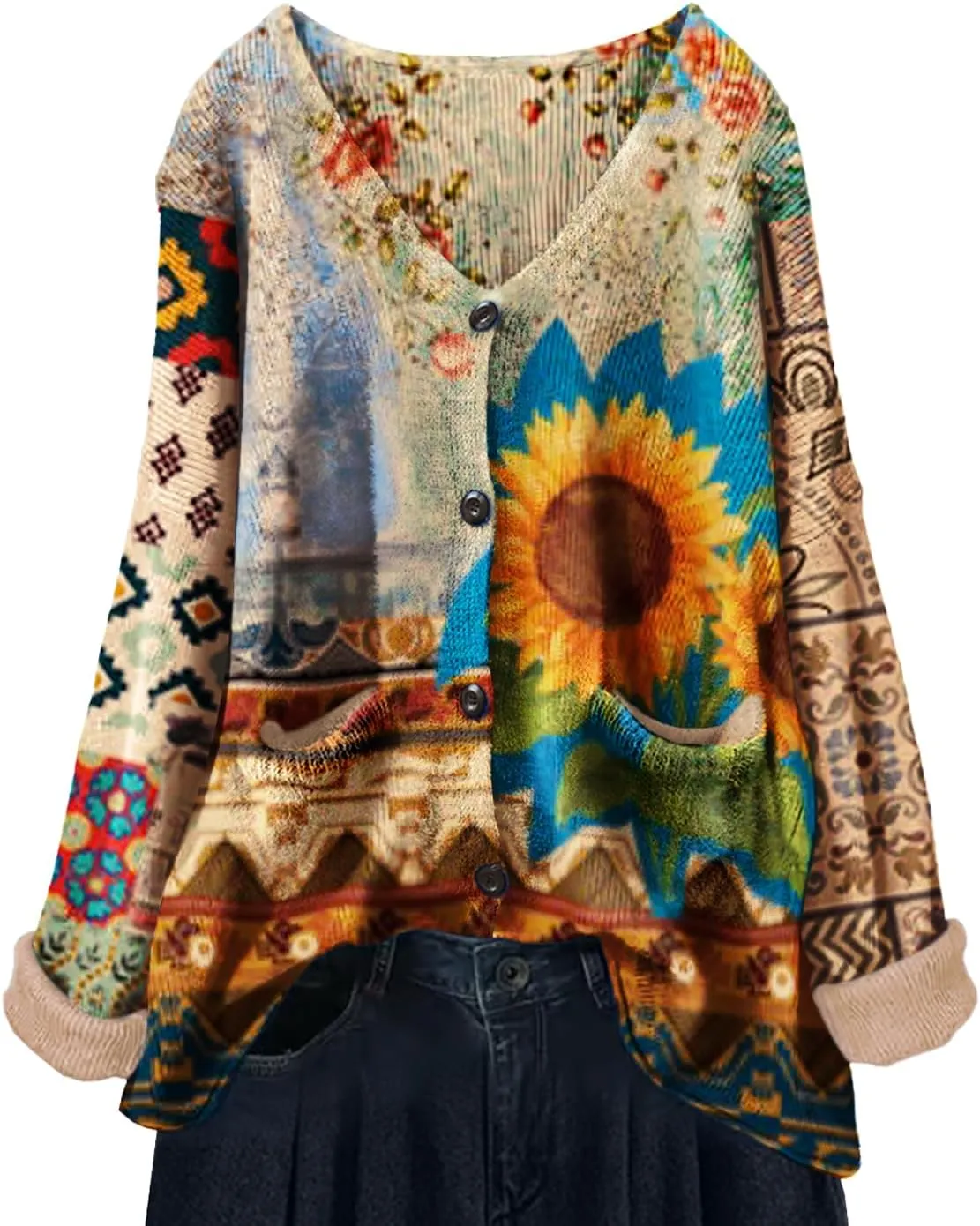 YESNO Women's Fall V-Neck Cardigan Sweaters Casual Graphic Oversized Open Front Button Down Long Sleeves Knit Tops SCV