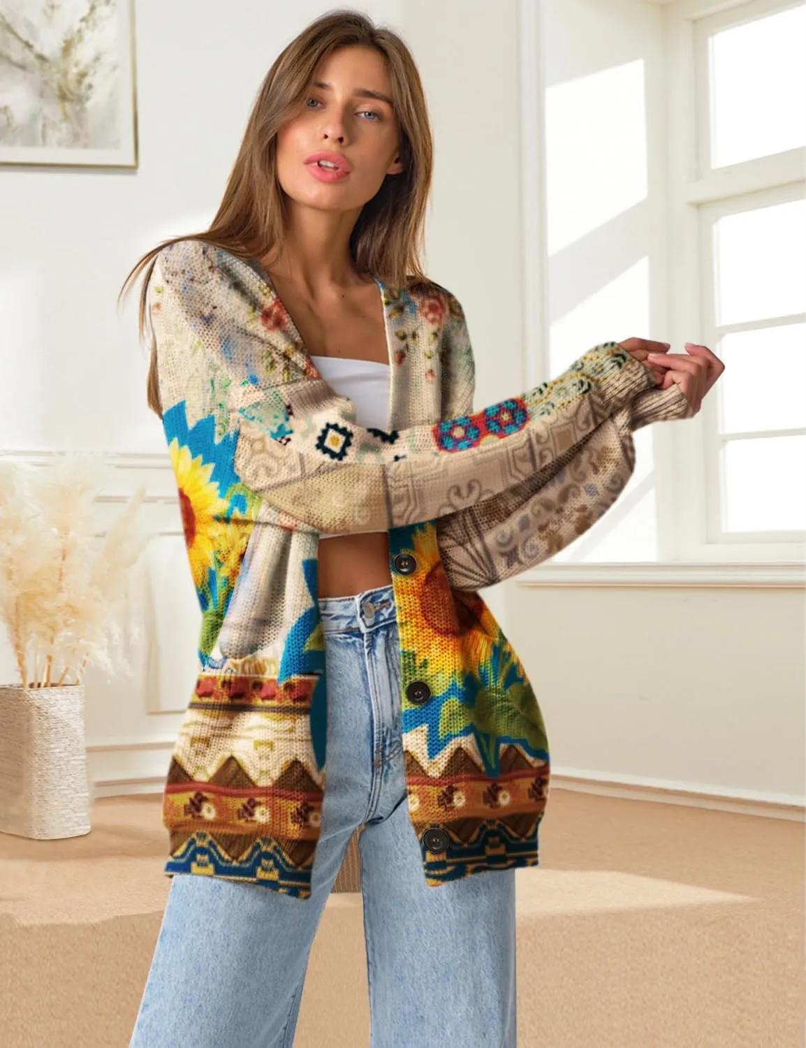 YESNO Women's Fall V-Neck Cardigan Sweaters Casual Graphic Oversized Open Front Button Down Long Sleeves Knit Tops SCV