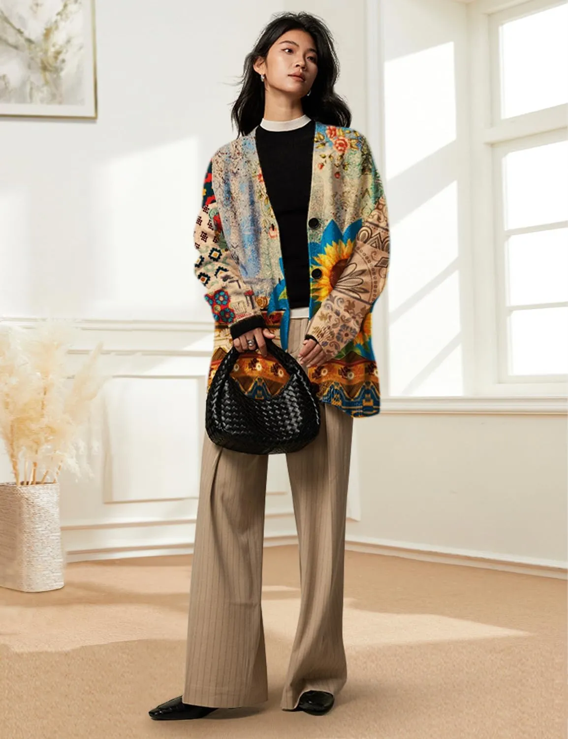 YESNO Women's Fall V-Neck Cardigan Sweaters Casual Graphic Oversized Open Front Button Down Long Sleeves Knit Tops SCV