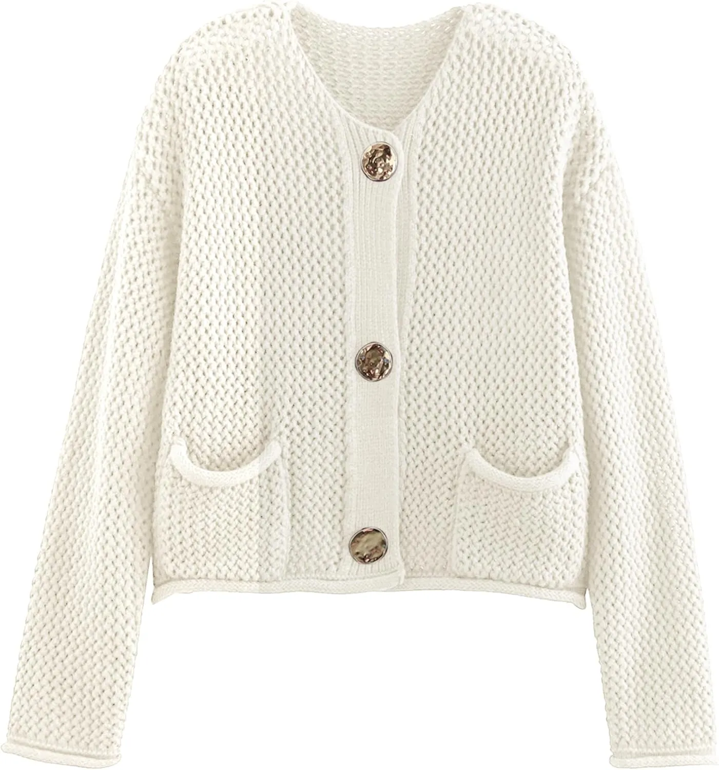 Yimoon Womens Cropped Cardigan Sweaters Gold Button Down Chunky Knit Sweaters Long Sleeve Open Front Fall Crochet Cardigan(Beige-S)