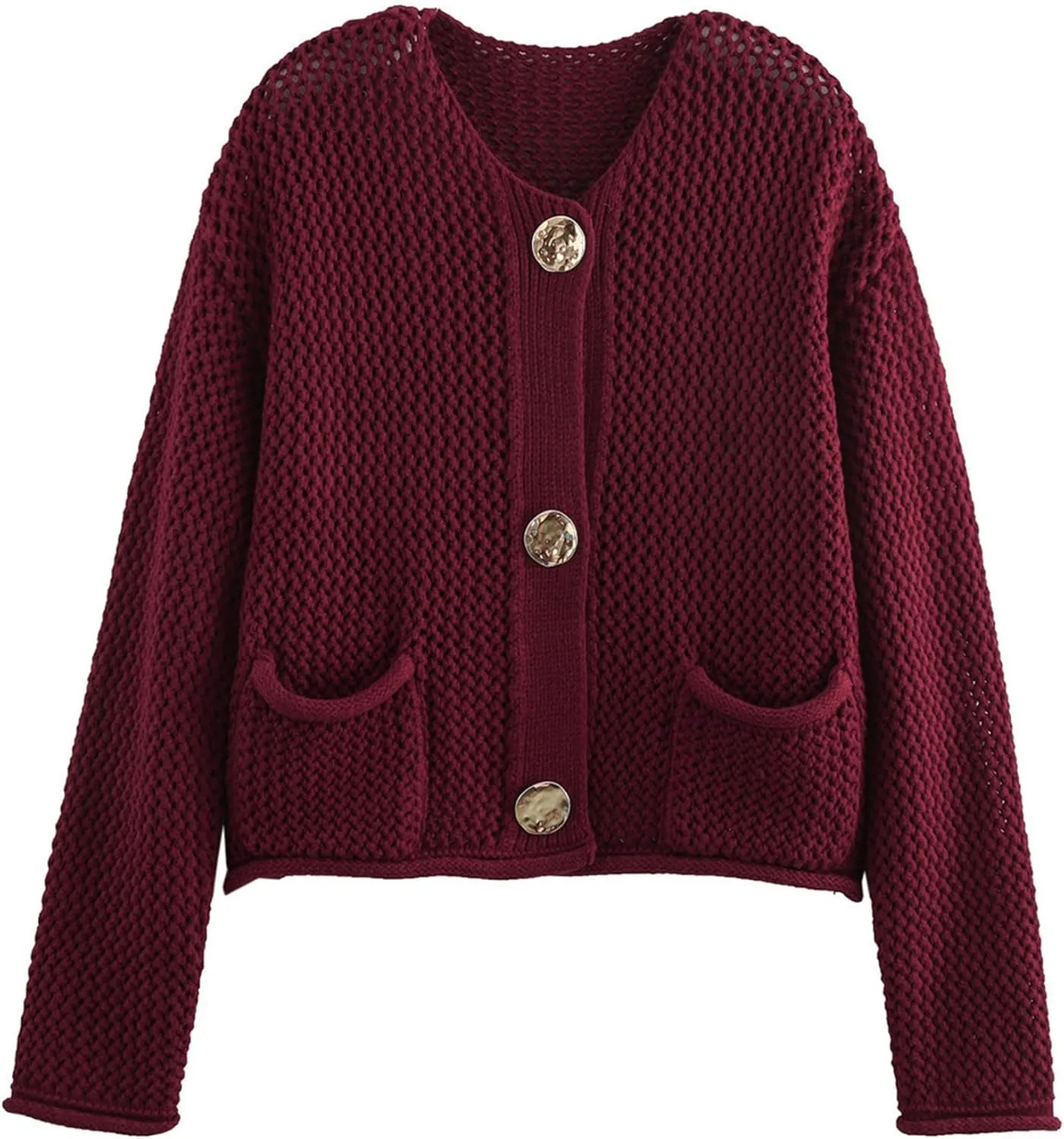 Yimoon Womens Cropped Cardigan Sweaters Gold Button Down Chunky Knit Sweaters Long Sleeve Open Front Fall Crochet Cardigan(DarkRed-M)