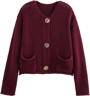 Yimoon Womens Cropped Cardigan Sweaters Gold Button Down Chunky Knit Sweaters Long Sleeve Open Front Fall Crochet Cardigan(DarkRed-M)
