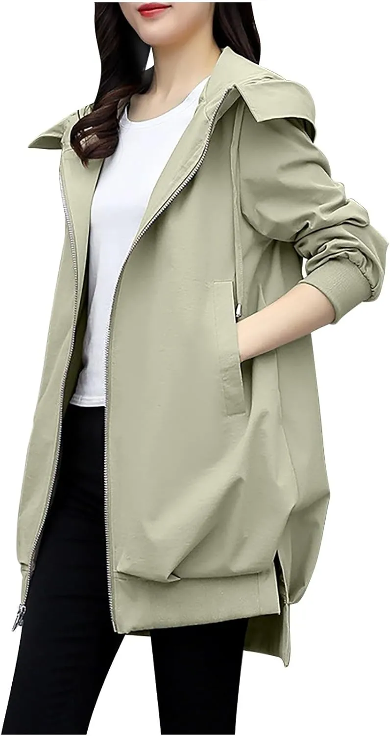 YRAETENM Long Trench Coat for Women Casual Lightweight Zip up Jackets Water Resistant Hooded Windbreaker Comfortable Outwear