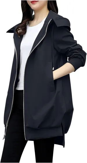 YRAETENM Long Trench Coat for Women Casual Lightweight Zip up Jackets Water Resistant Hooded Windbreaker Comfortable Outwear