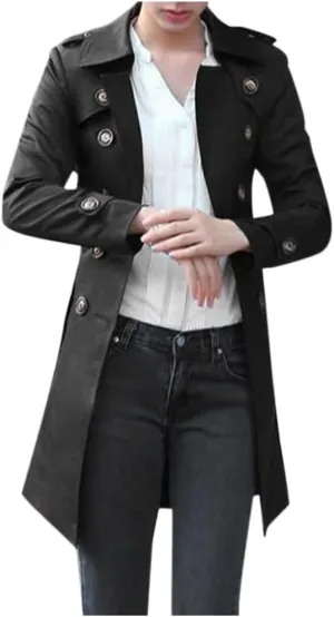 YRAETENM Women's Trench Coat Double Breasted Water Resistant Windbreaker Classic Lapel Overcoat Belted Slim Outerwear Coat