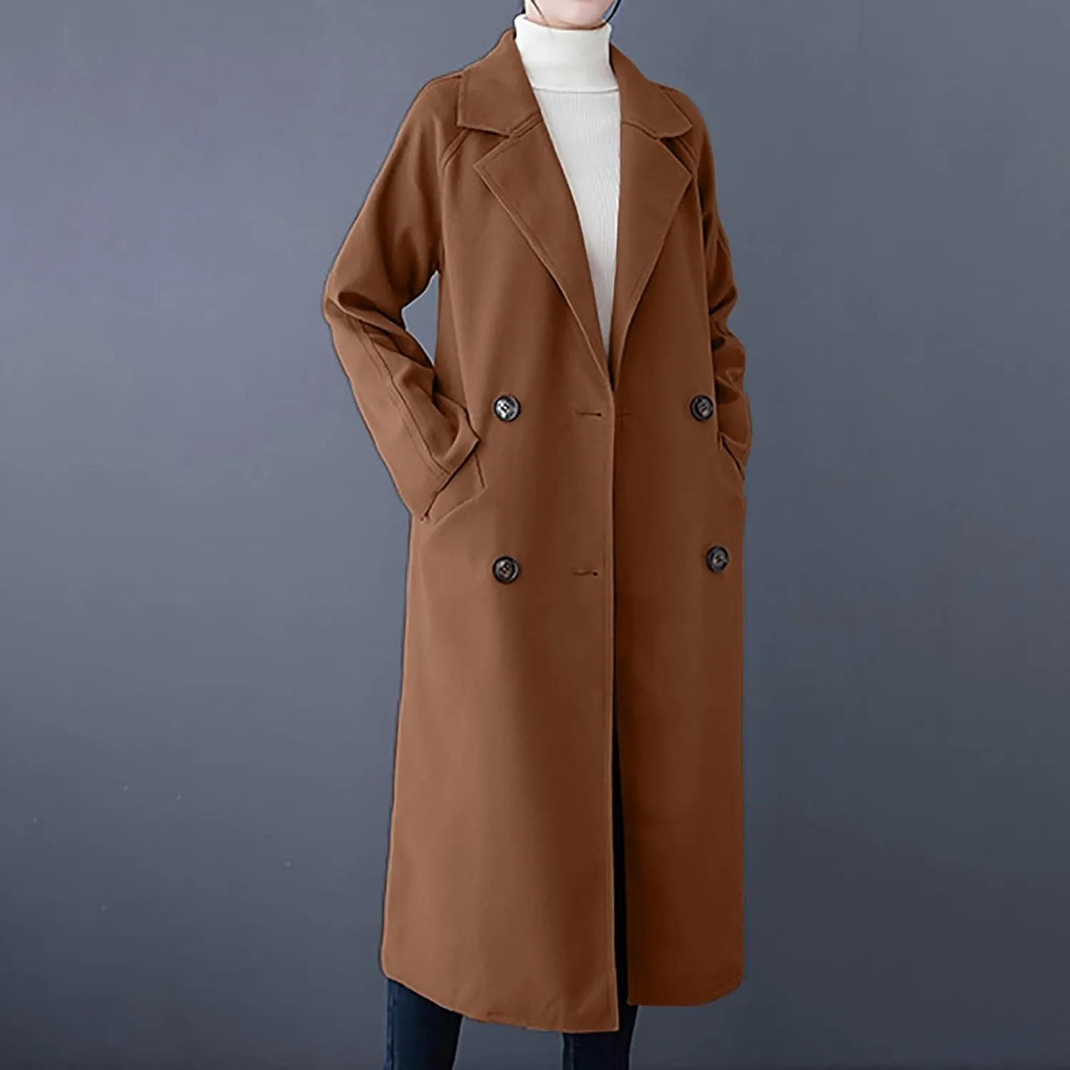 YRAETENM Women's Winter Double Breasted Wool Coat Business Casual Midi Long Trench Coat Classic Overcoat Outerwear with Belt
