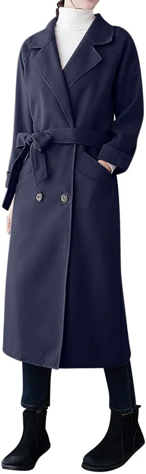 YRAETENM Women's Winter Double Breasted Wool Coat Business Casual Midi Long Trench Coat Classic Overcoat Outerwear with Belt