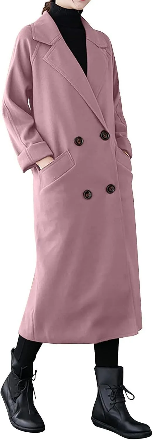YRAETENM Women's Winter Double Breasted Wool Coat Business Casual Midi Long Trench Coat Classic Overcoat Outerwear with Belt