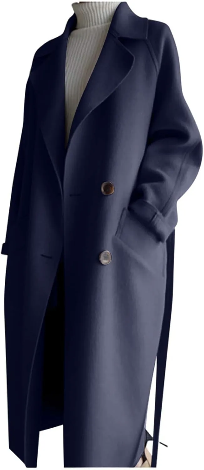 YRAETENM Women's Winter Double Breasted Wool Coat Business Casual Midi Long Trench Coat Classic Overcoat Outerwear with Belt