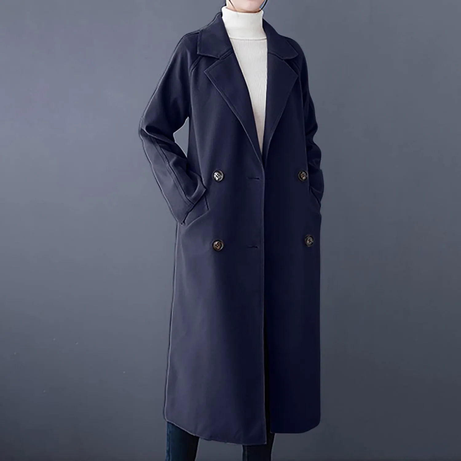 YRAETENM Women's Winter Double Breasted Wool Coat Business Casual Midi Long Trench Coat Classic Overcoat Outerwear with Belt