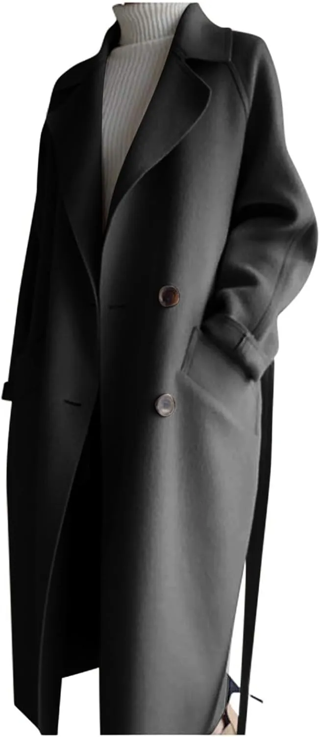 YRAETENM Women's Winter Double Breasted Wool Coat Business Casual Midi Long Trench Coat Classic Overcoat Outerwear with Belt