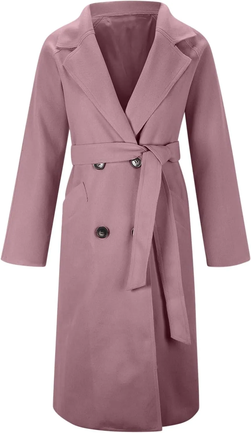 YRAETENM Women's Winter Double Breasted Wool Coat Business Casual Midi Long Trench Coat Classic Overcoat Outerwear with Belt