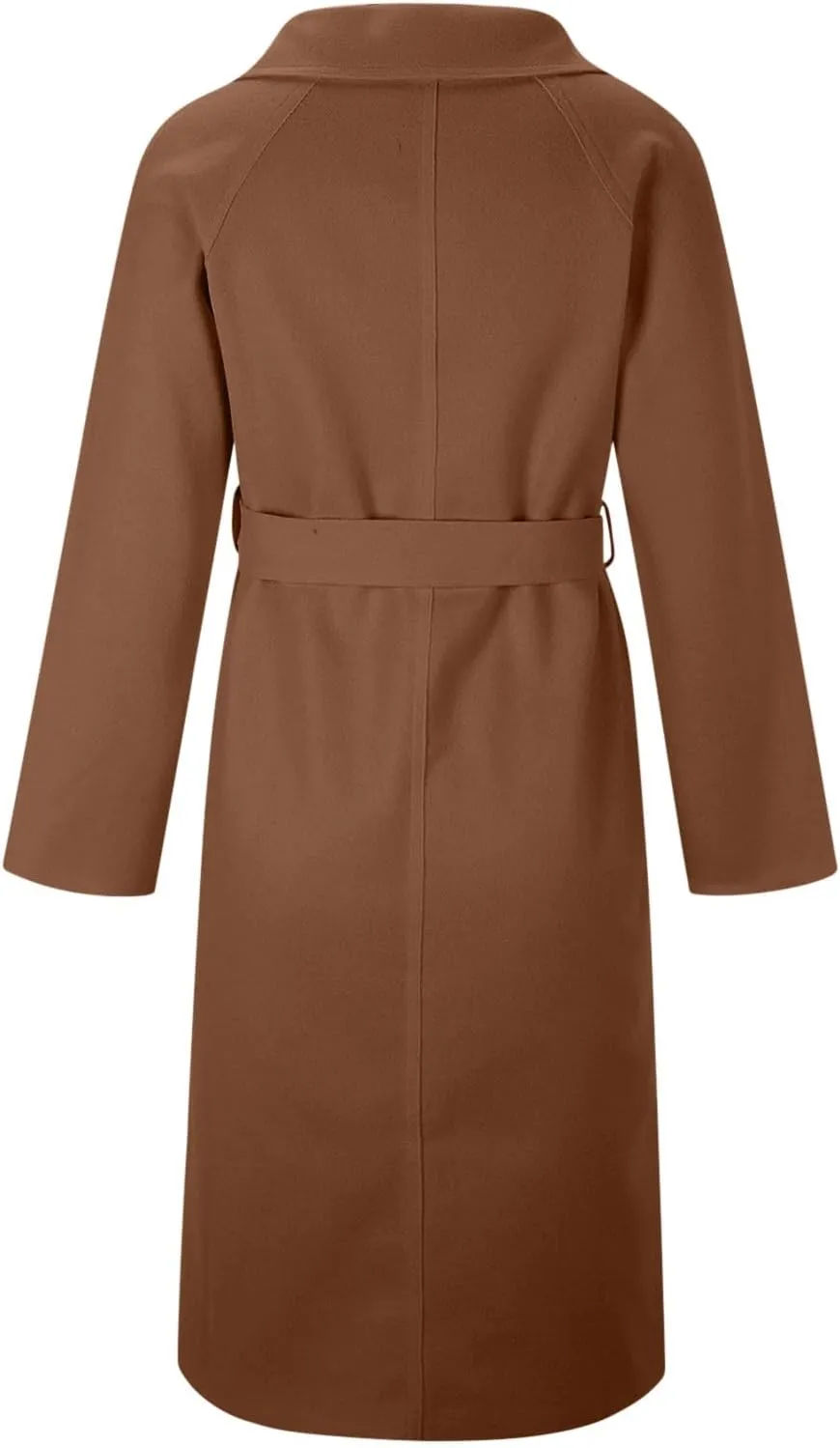 YRAETENM Women's Winter Double Breasted Wool Coat Business Casual Midi Long Trench Coat Classic Overcoat Outerwear with Belt