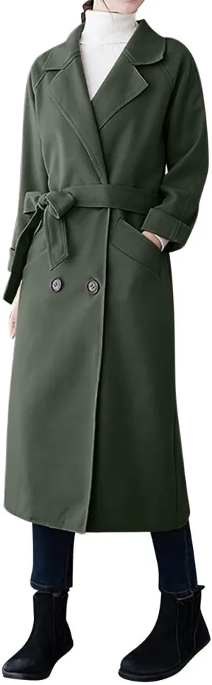 YRAETENM Women's Winter Double Breasted Wool Coat Business Casual Midi Long Trench Coat Classic Overcoat Outerwear with Belt