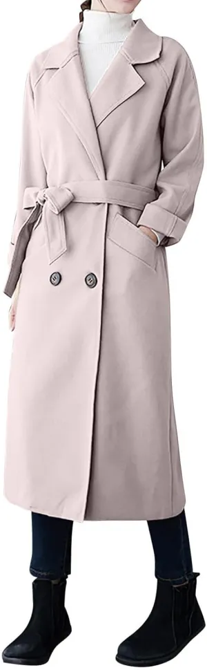 YRAETENM Women's Winter Double Breasted Wool Coat Business Casual Midi Long Trench Coat Classic Overcoat Outerwear with Belt