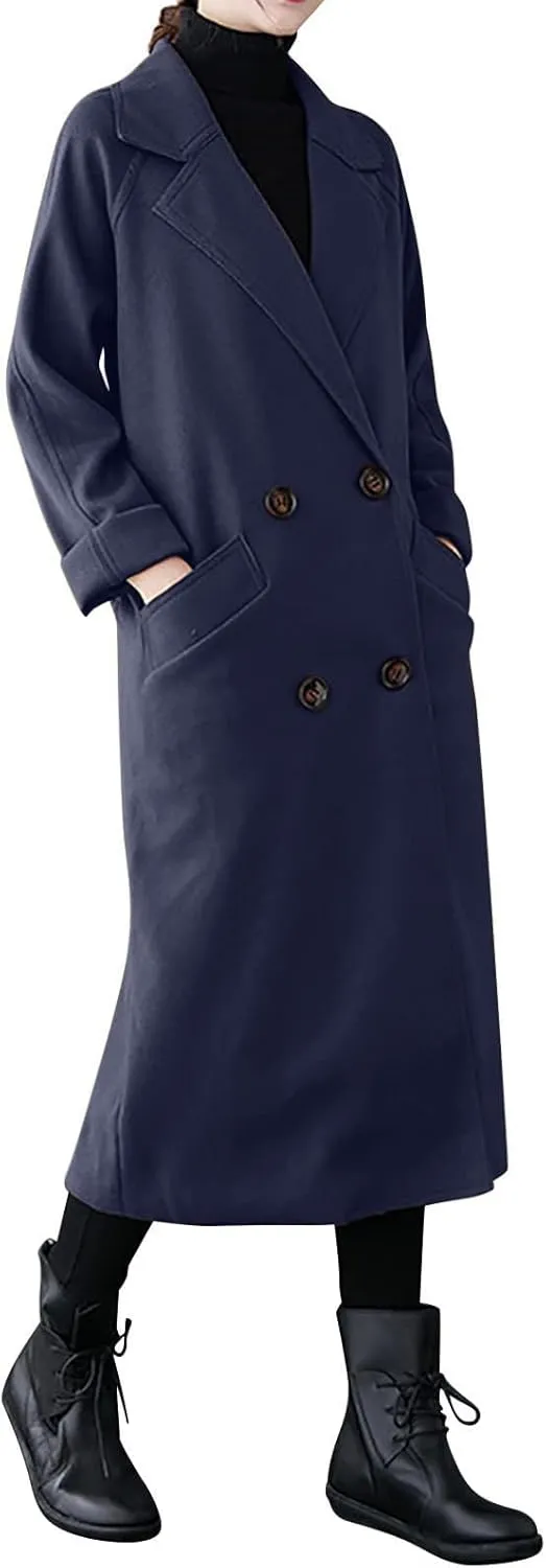 YRAETENM Women's Winter Double Breasted Wool Coat Business Casual Midi Long Trench Coat Classic Overcoat Outerwear with Belt