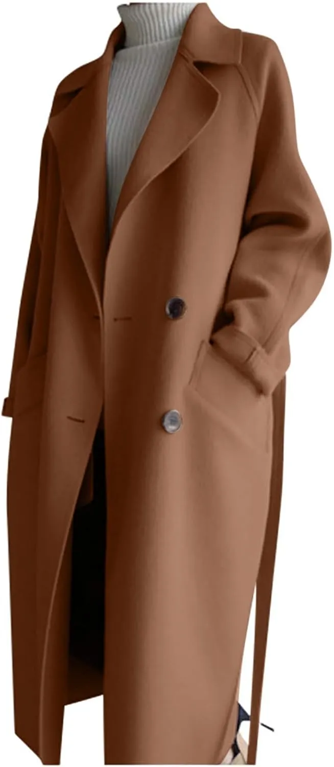 YRAETENM Women's Winter Double Breasted Wool Coat Business Casual Midi Long Trench Coat Classic Overcoat Outerwear with Belt