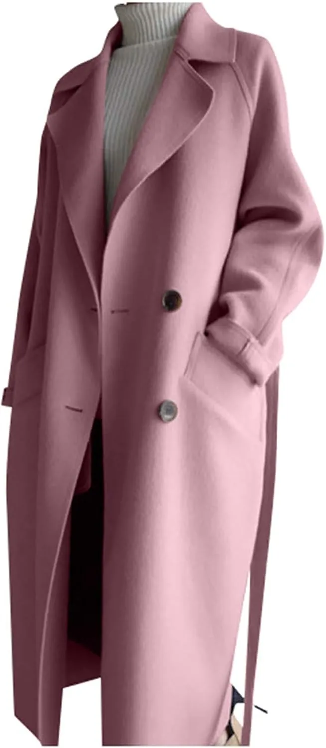YRAETENM Women's Winter Double Breasted Wool Coat Business Casual Midi Long Trench Coat Classic Overcoat Outerwear with Belt