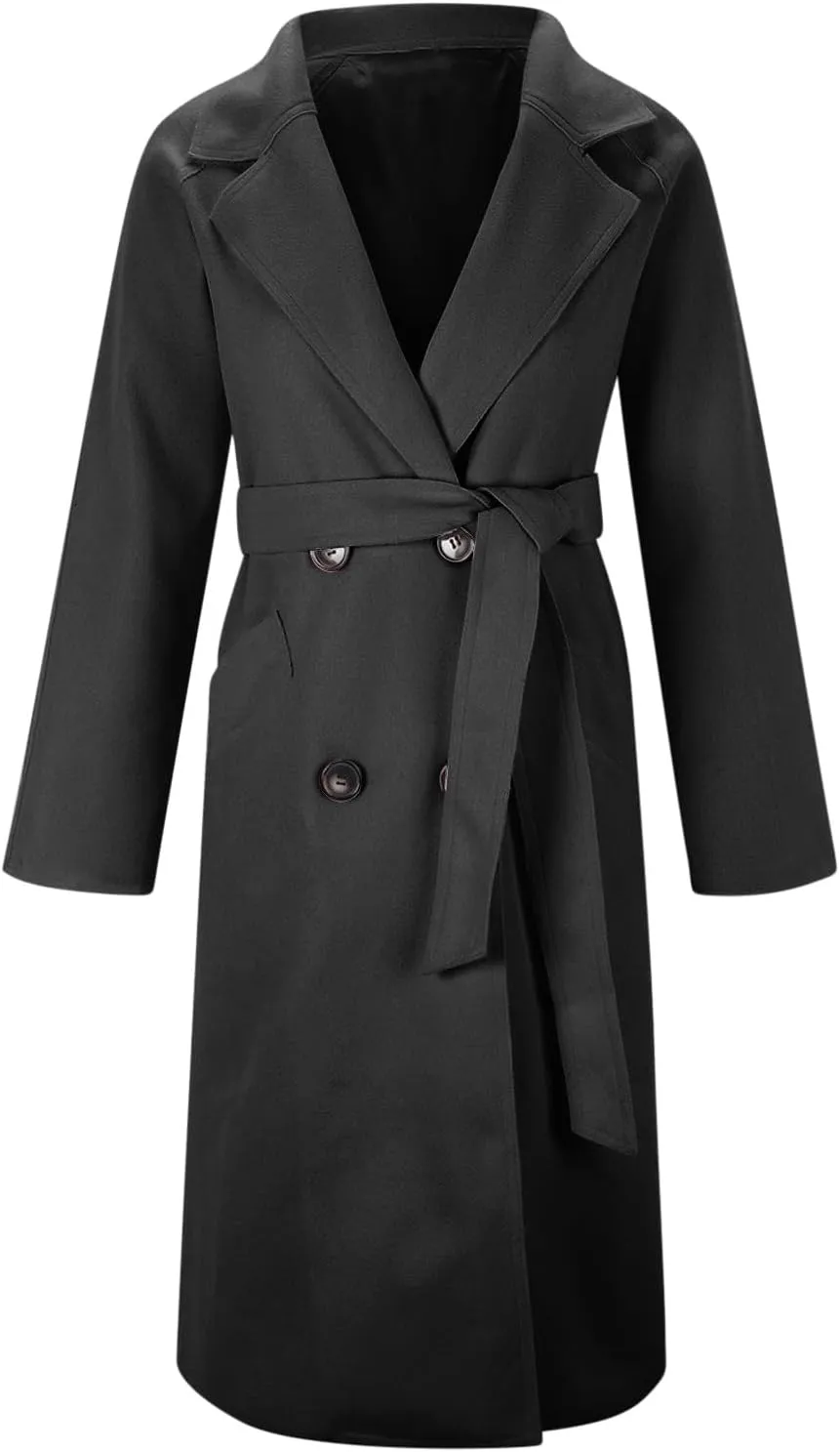 YRAETENM Women's Winter Double Breasted Wool Coat Business Casual Midi Long Trench Coat Classic Overcoat Outerwear with Belt
