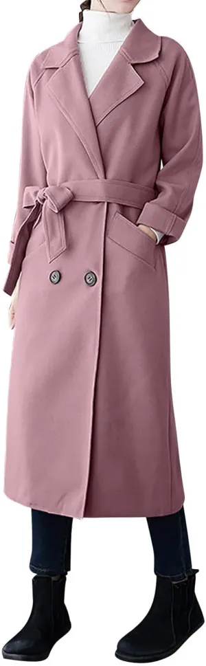 YRAETENM Women's Winter Double Breasted Wool Coat Business Casual Midi Long Trench Coat Classic Overcoat Outerwear with Belt