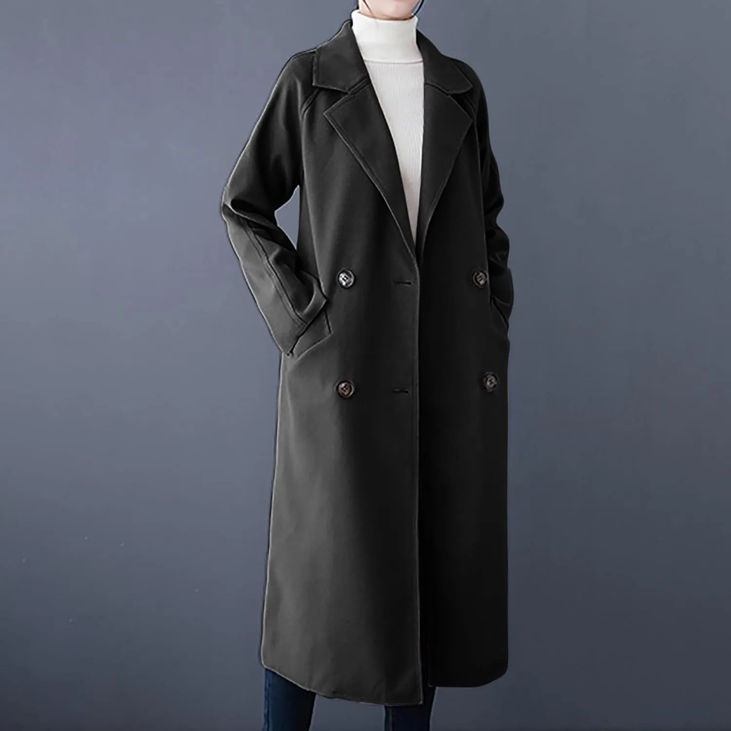 YRAETENM Women's Winter Double Breasted Wool Coat Business Casual Midi Long Trench Coat Classic Overcoat Outerwear with Belt