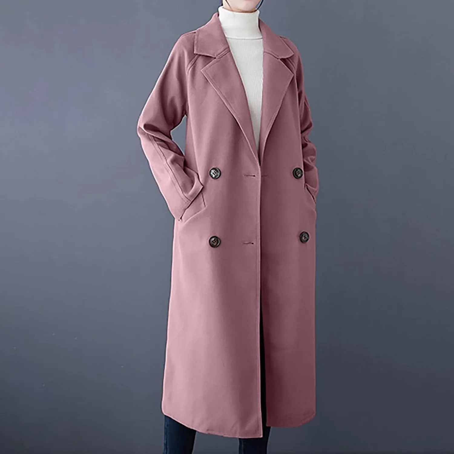 YRAETENM Women's Winter Double Breasted Wool Coat Business Casual Midi Long Trench Coat Classic Overcoat Outerwear with Belt