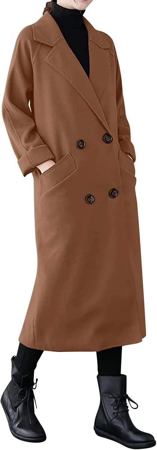 YRAETENM Women's Winter Double Breasted Wool Coat Business Casual Midi Long Trench Coat Classic Overcoat Outerwear with Belt