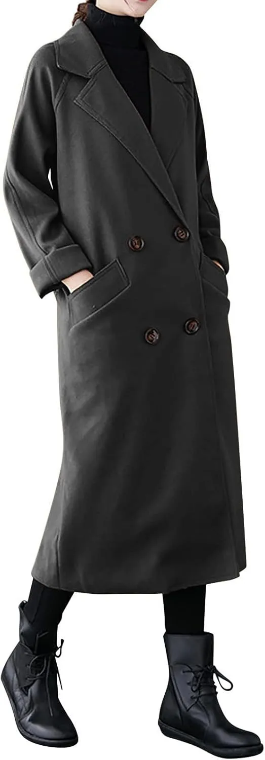 YRAETENM Women's Winter Double Breasted Wool Coat Business Casual Midi Long Trench Coat Classic Overcoat Outerwear with Belt