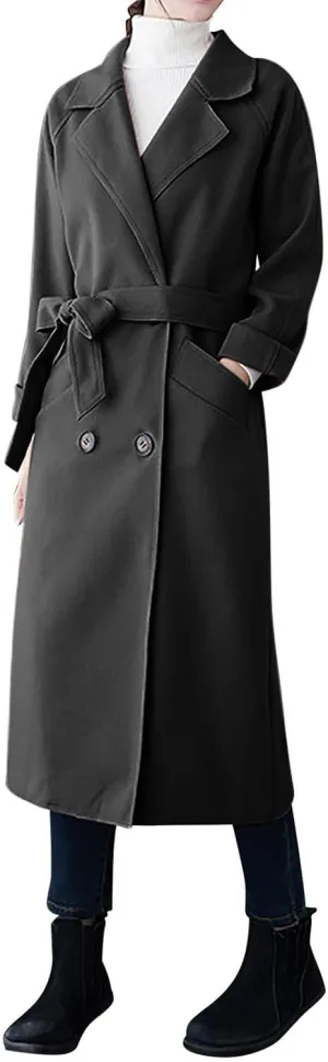 YRAETENM Women's Winter Double Breasted Wool Coat Business Casual Midi Long Trench Coat Classic Overcoat Outerwear with Belt