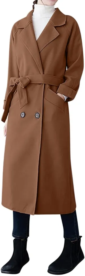 YRAETENM Women's Winter Double Breasted Wool Coat Business Casual Midi Long Trench Coat Classic Overcoat Outerwear with Belt