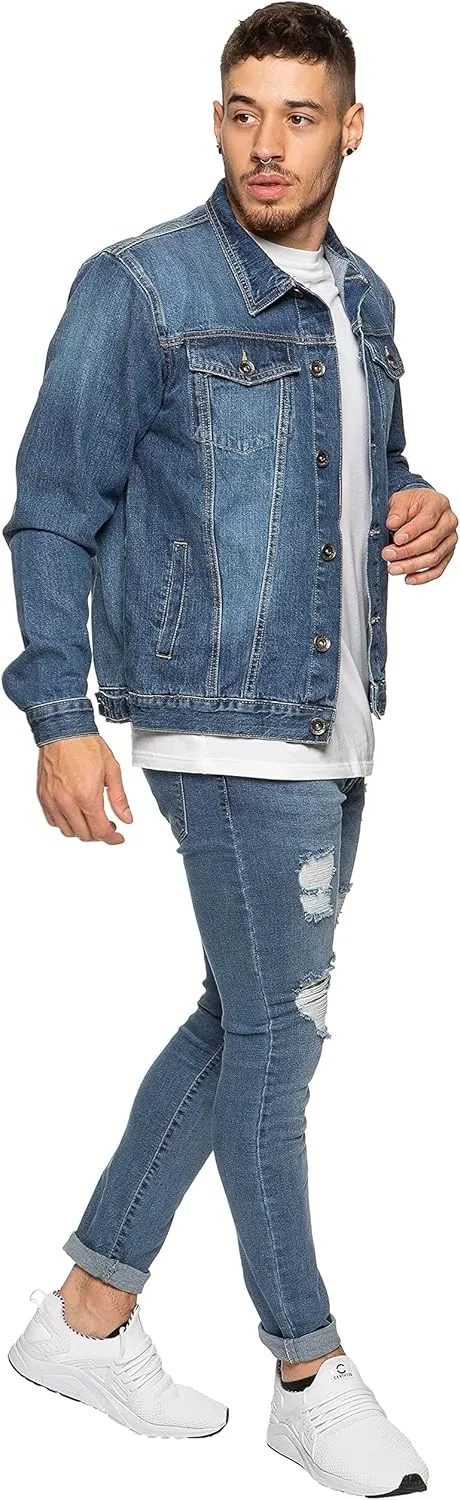 Ze ENZO Mens Denim Jacket Western Classic Style Trucker Vintage Style Jean Coat Black Blue