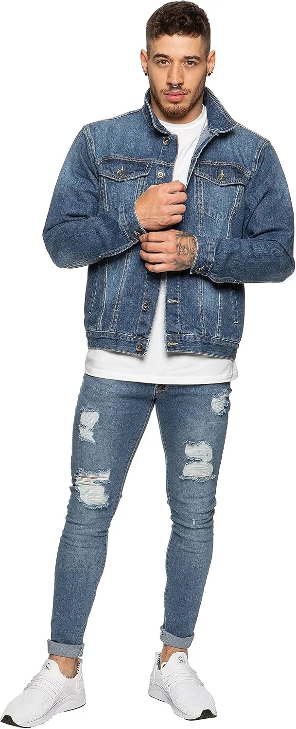 Ze ENZO Mens Denim Jacket Western Classic Style Trucker Vintage Style Jean Coat Black Blue
