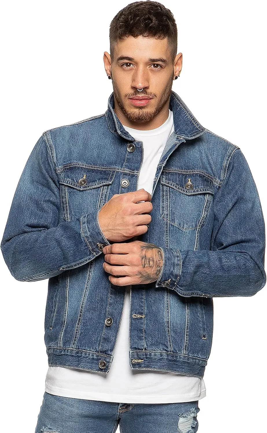 Ze ENZO Mens Denim Jacket Western Classic Style Trucker Vintage Style Jean Coat Black Blue