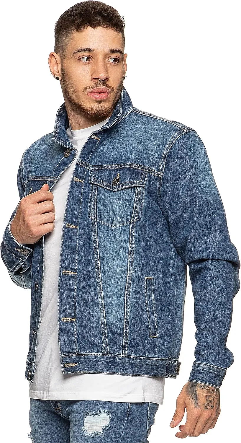 Ze ENZO Mens Denim Jacket Western Classic Style Trucker Vintage Style Jean Coat Black Blue