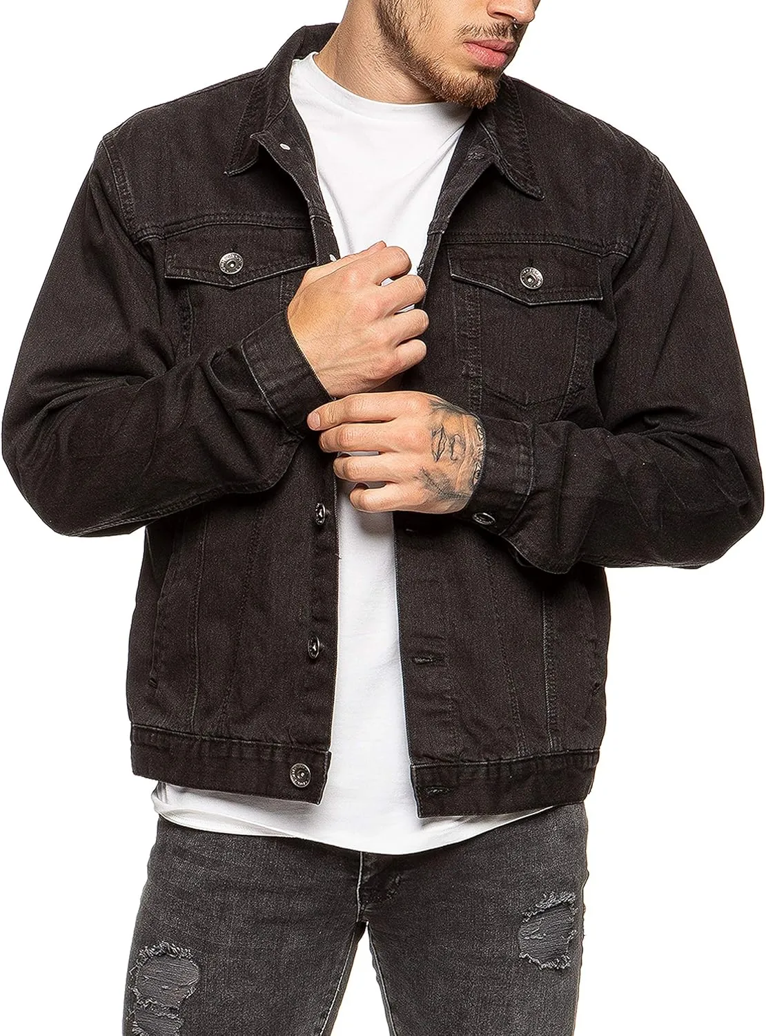 Ze ENZO Mens Denim Jacket Western Classic Style Trucker Vintage Style Jean Coat Black Blue